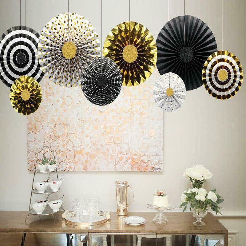 Black Gold Paper Fans Hanging Party Decorations 8PCS