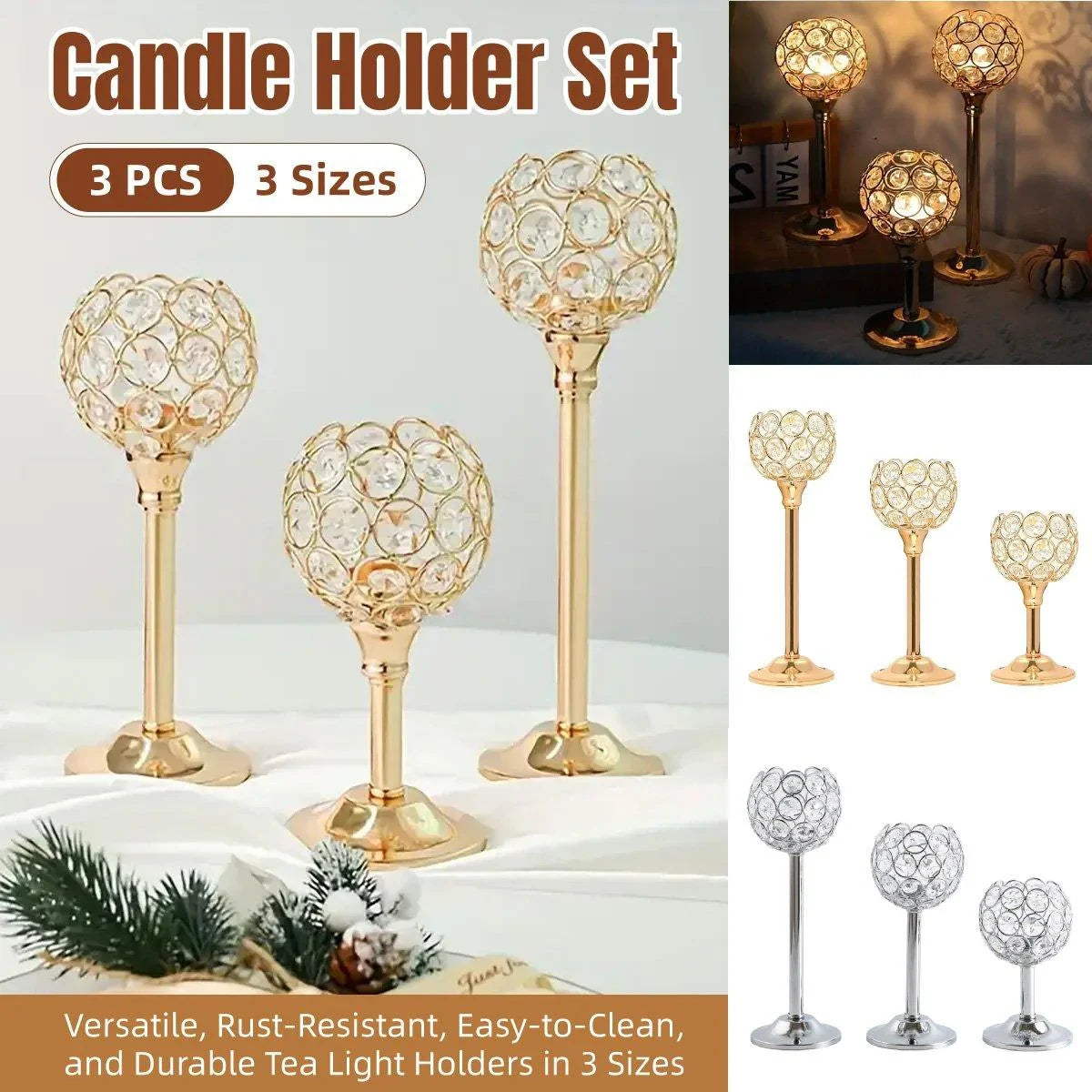 3PCS Crystal Candle Holders