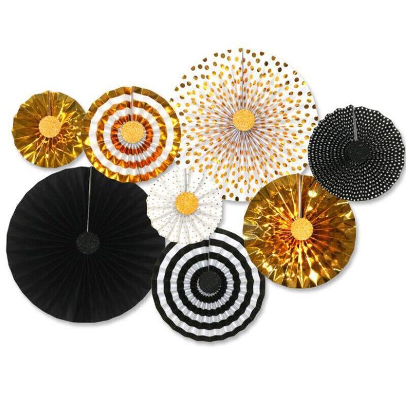 Black Gold Paper Fans Hanging Party Decorations 8PCS