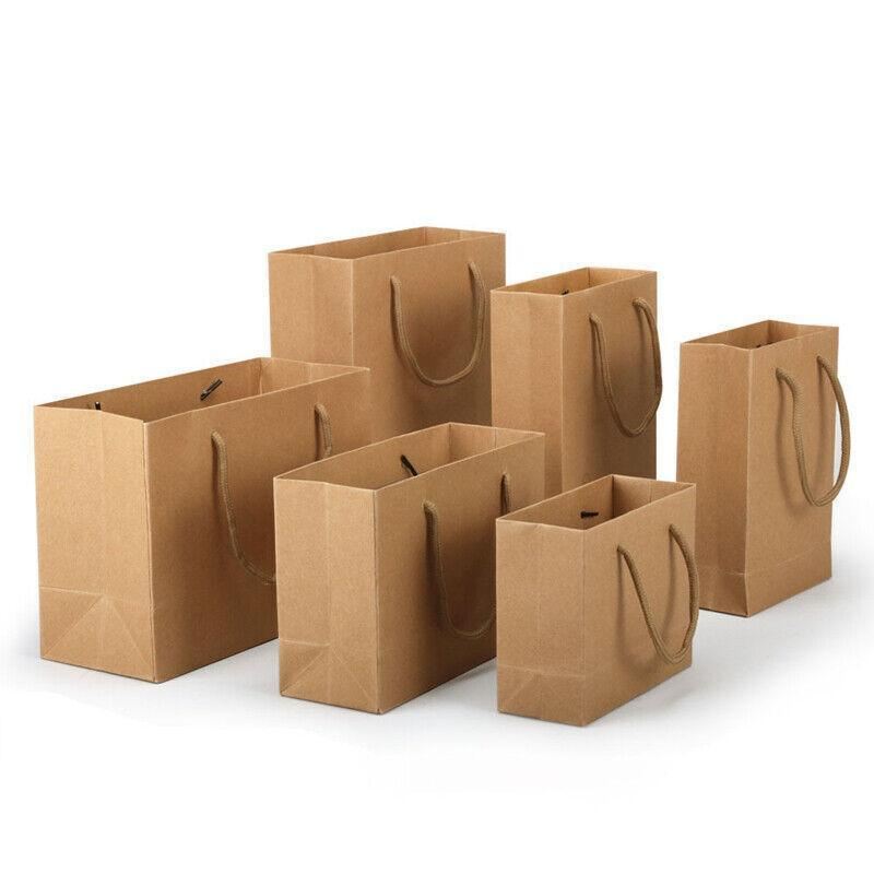 A collection of natural brown kraft paper bags with twisted paper handles, ready for versatile use.