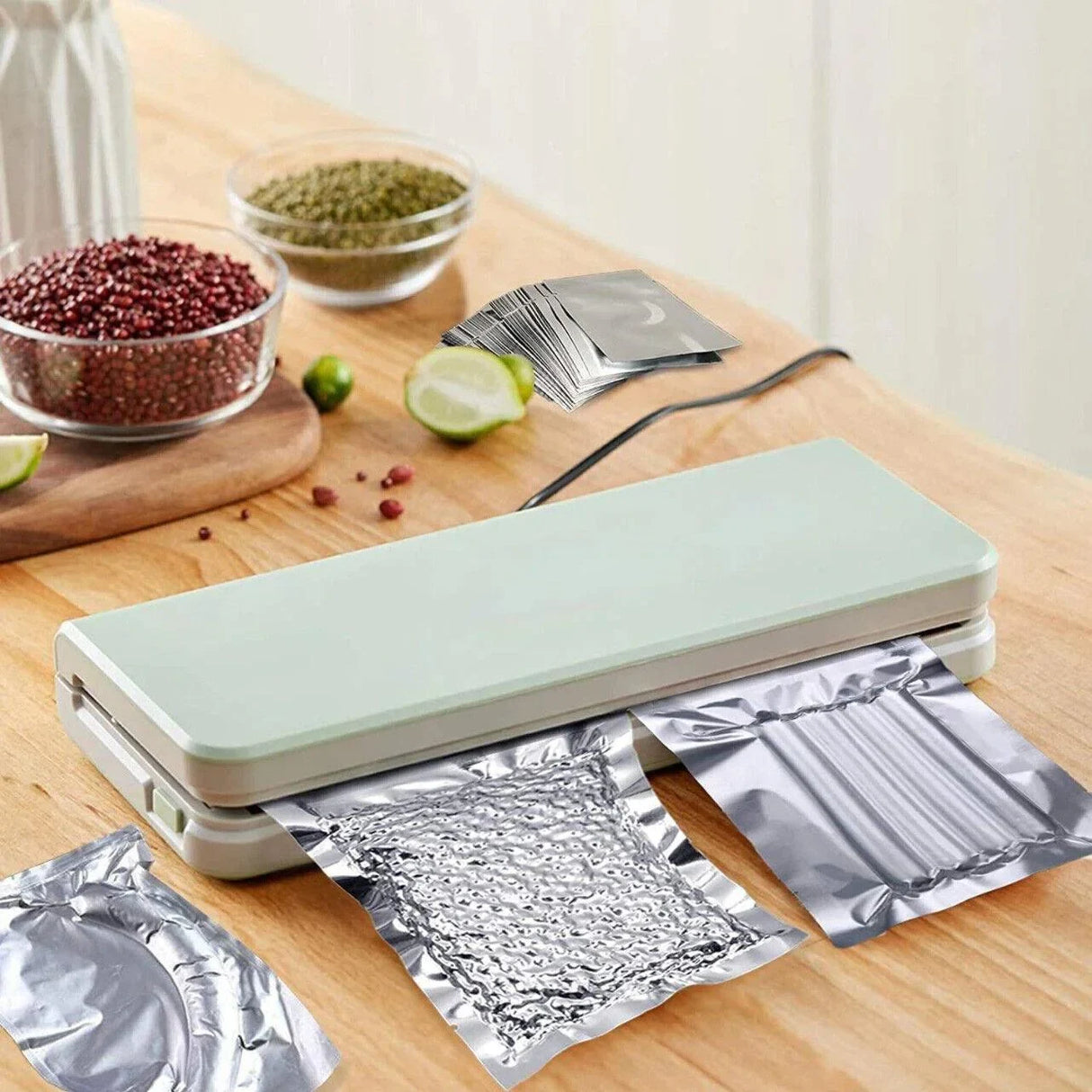 Food saver bags neatly packed with fresh vegetables, showcasing their airtight sealing capability