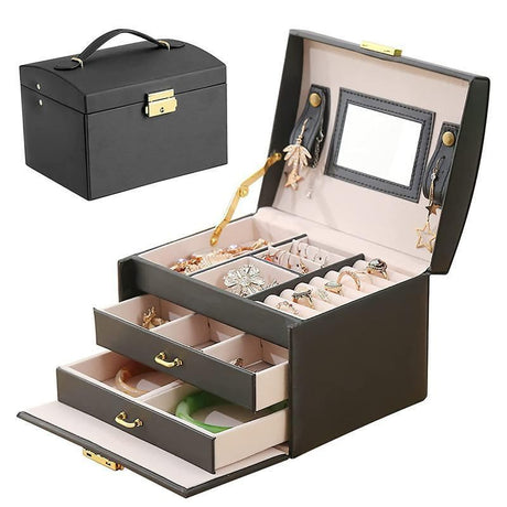 Multilayered Jewellery Storage Box 1PC 2Colours 17.5x14x13cm PU Leather - Discount Packaging Warehouse