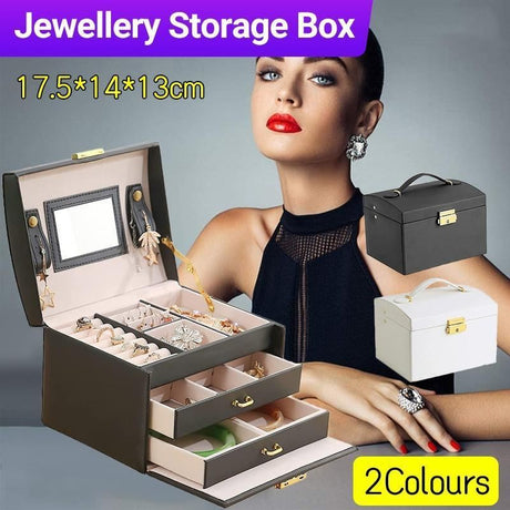 Multilayered Jewellery Storage Box 1PC 2Colours 17.5x14x13cm PU Leather - Discount Packaging Warehouse