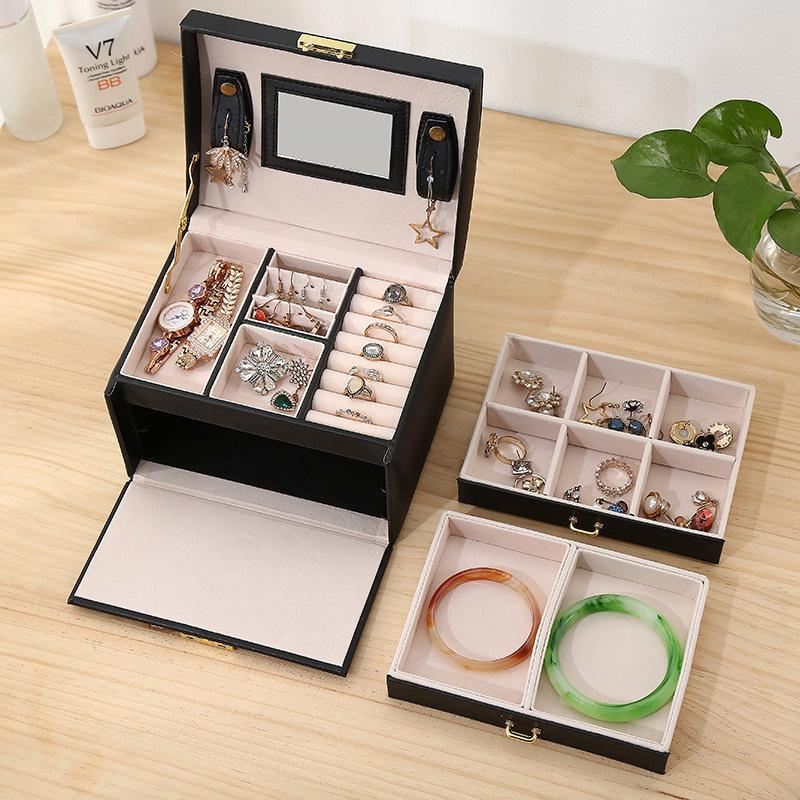 Multilayered Jewellery Storage Box 1PC 2Colours 17.5x14x13cm PU Leather - Discount Packaging Warehouse
