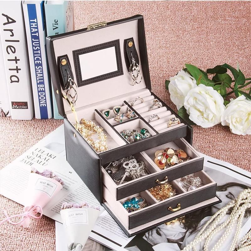 Multilayered Jewellery Storage Box 1PC 2Colours 17.5x14x13cm PU Leather - Discount Packaging Warehouse