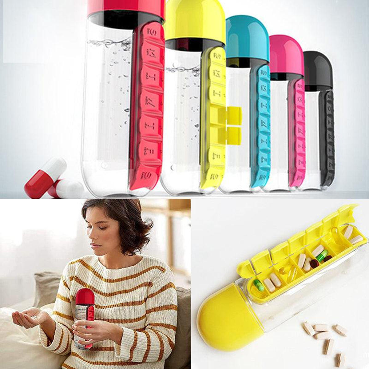 2 IN 1 Water Bottle With 7 Day Pill Box Organizer 1PC 5Colours