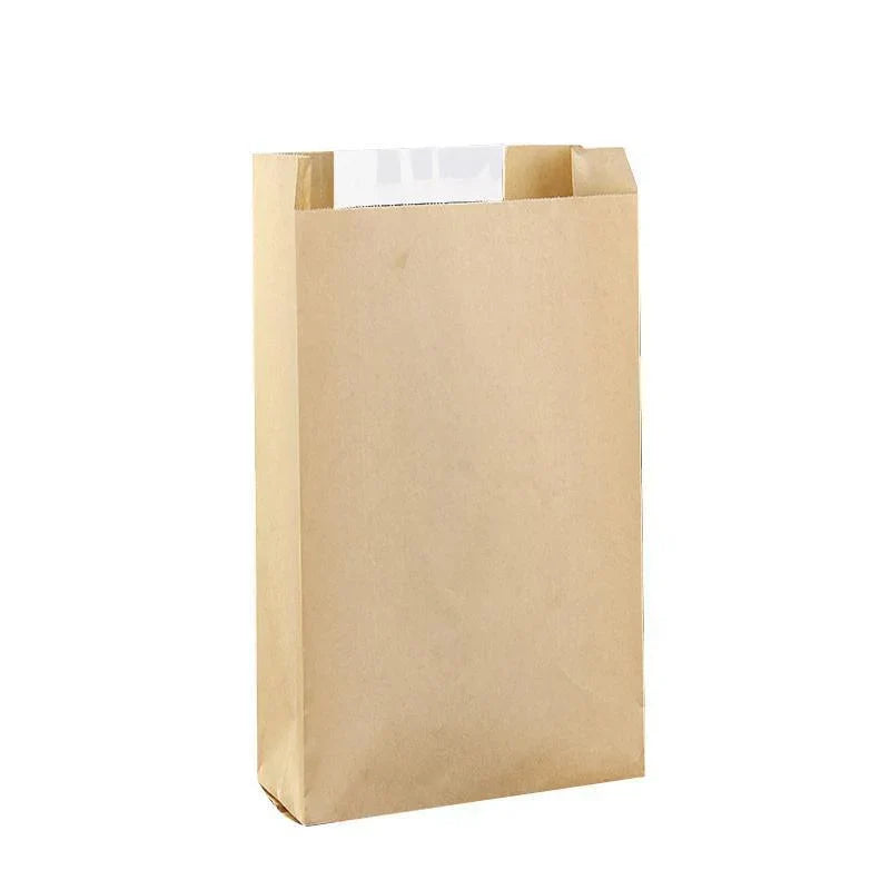 Kraft paper bags with strip window showcasing baked goods