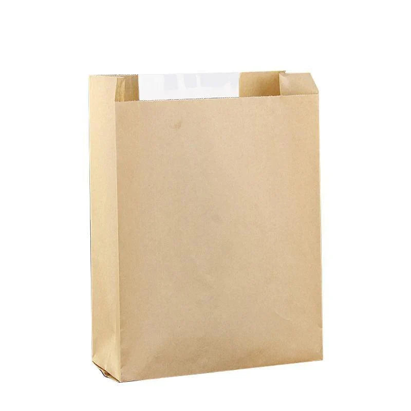 Kraft paper bags with strip window showcasing baked goods
