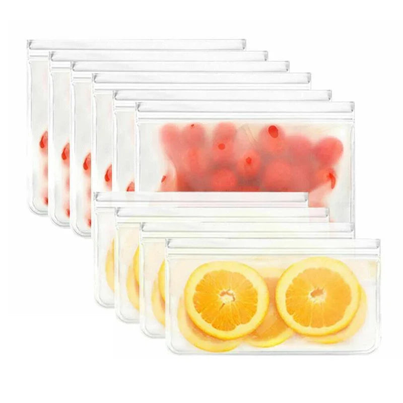 A variety of foods neatly stored in reusable freezer bags, showcasing their durability and versatility