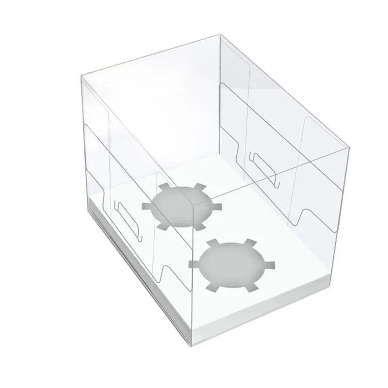 Clear cupcake box showcasing beautifully decorated cupcakes.