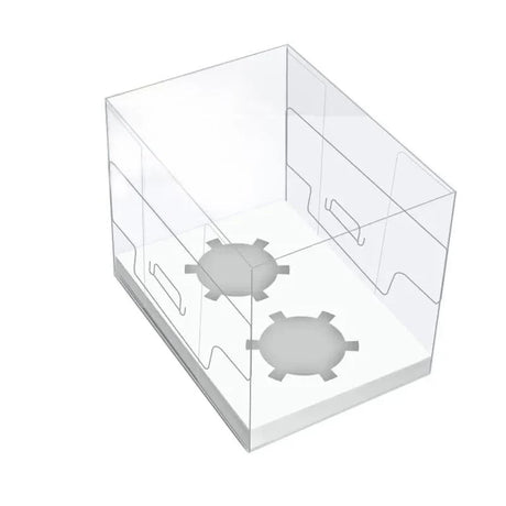 Clear cupcake box showcasing beautifully decorated cupcakes.