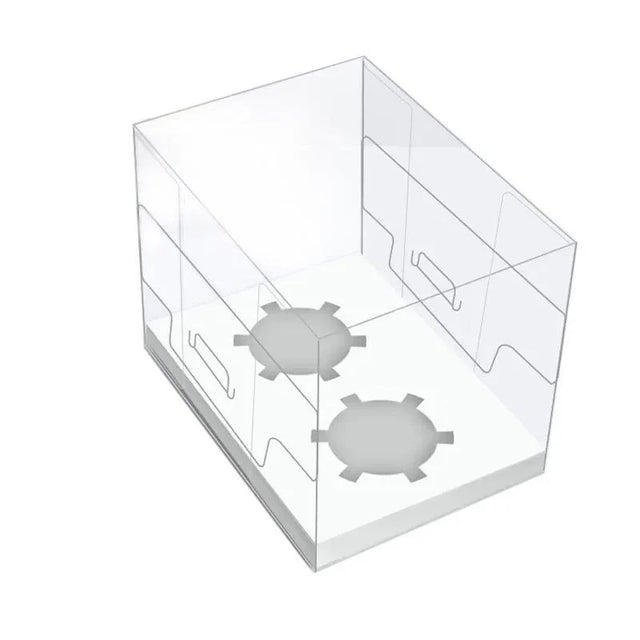 Clear cupcake box showcasing beautifully decorated cupcakes.