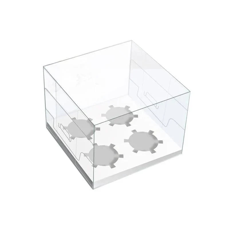 Clear cupcake box showcasing beautifully decorated cupcakes.