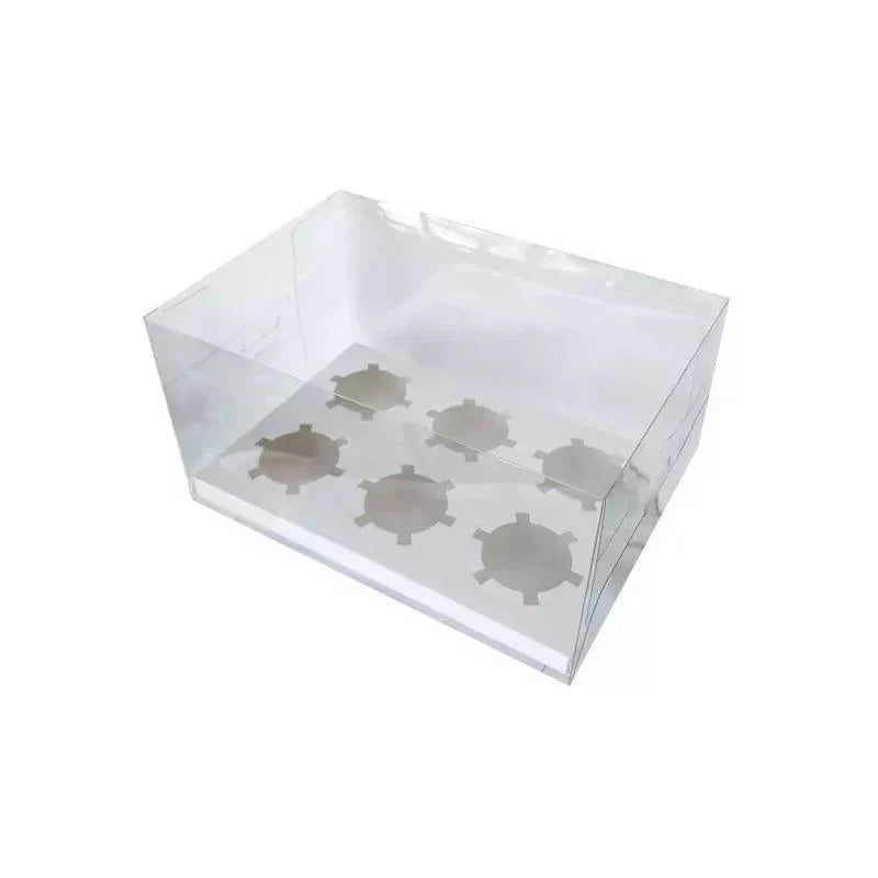 Clear cupcake box showcasing beautifully decorated cupcakes.