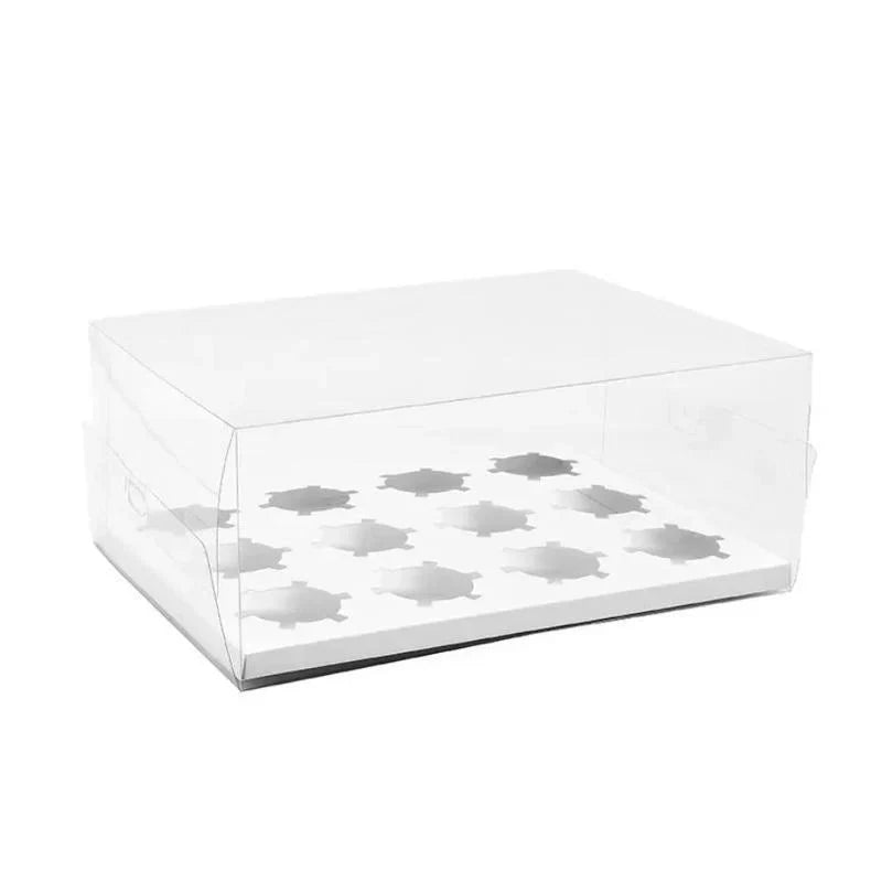 Clear cupcake box showcasing beautifully decorated cupcakes.
