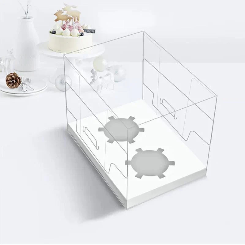 Clear cupcake box showcasing beautifully decorated cupcakes.