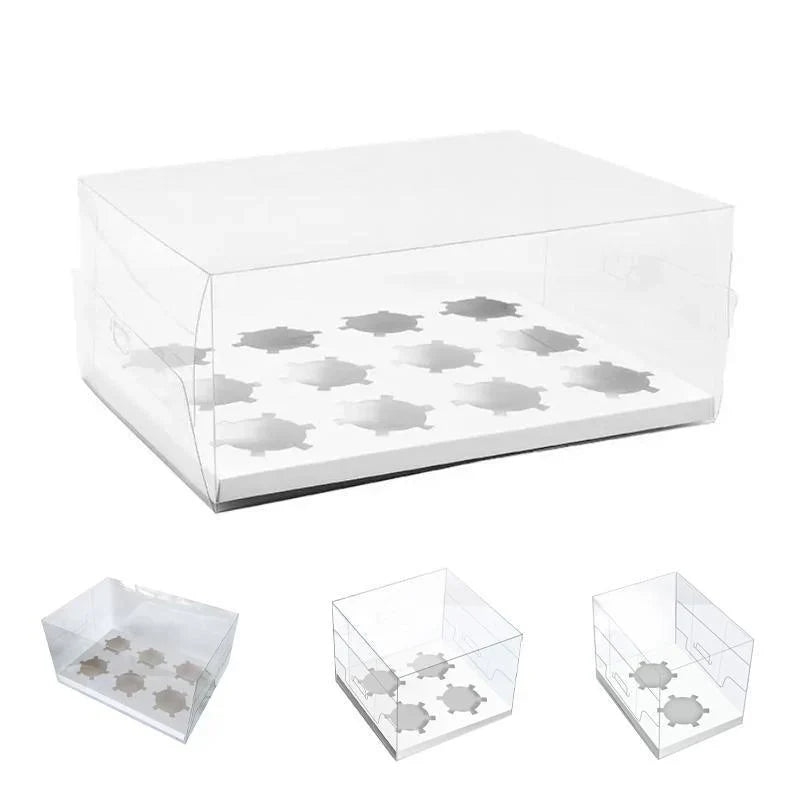 Clear cupcake box showcasing beautifully decorated cupcakes.