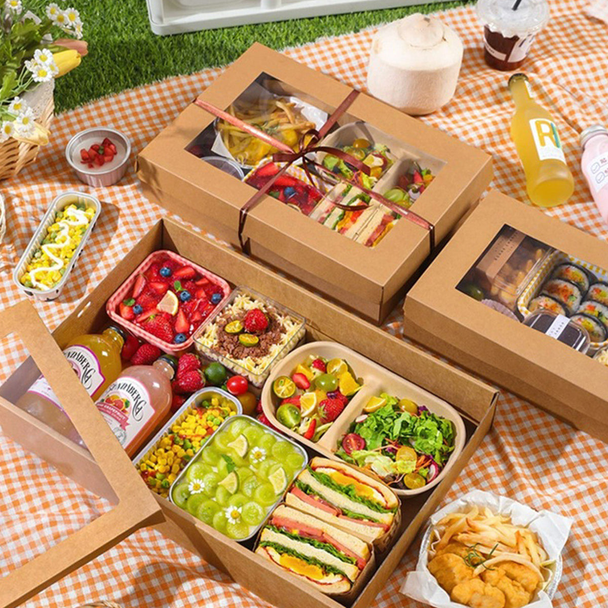 10PCS Kraft Paper Lunch Boxes Food Grade Disposable Bento Packaging
