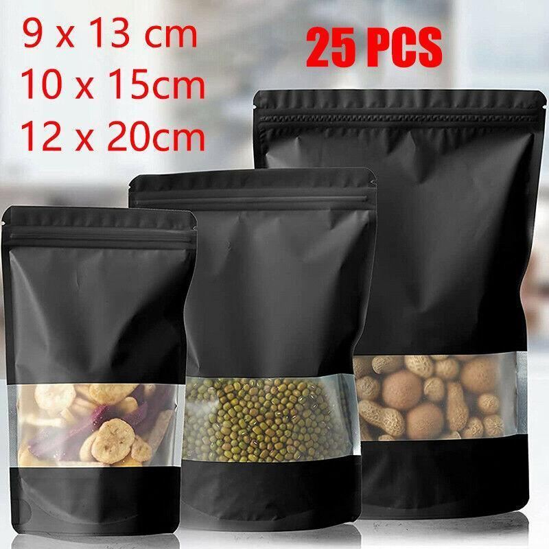 Window Stand UP Pouches 25PCS Matt Black 3Sizes Mylar Foil - Discount Packaging Warehouse