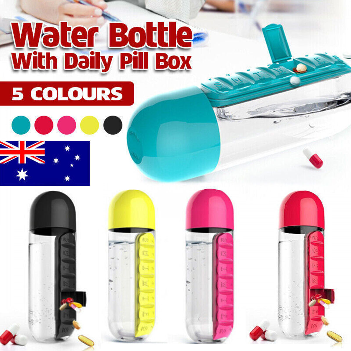 2 IN 1 Water Bottle With 7 Day Pill Box Organizer 1PC 5Colours