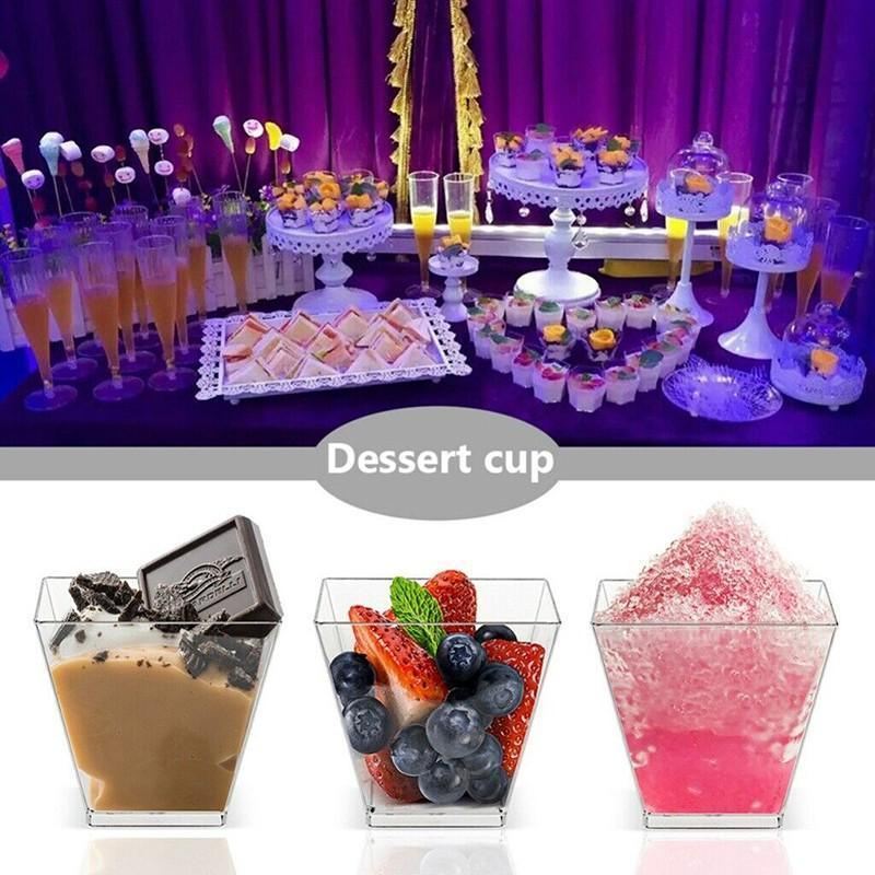Plastic dessert cups filled with colorful desserts