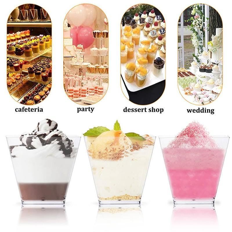 Plastic dessert cups filled with colorful desserts