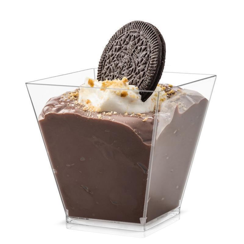 Plastic dessert cups filled with colorful desserts