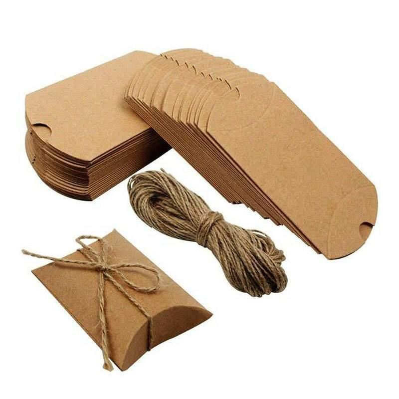 Elegant Kraft Paper Pillow Gift Boxes with Hemp Ropes