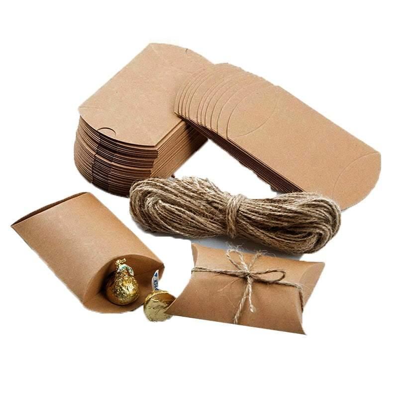 Elegant Kraft Paper Pillow Gift Boxes with Hemp Ropes