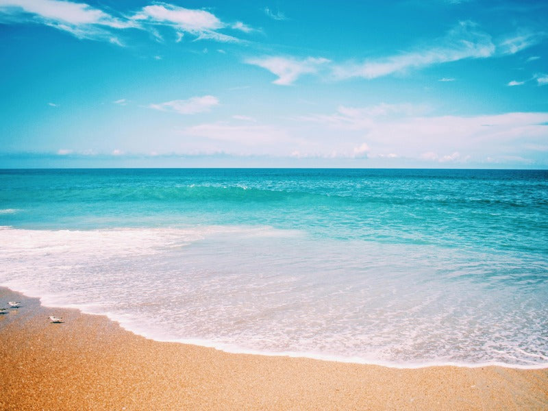 A serene beach scene with clear turquoise waters and a bright blue sky