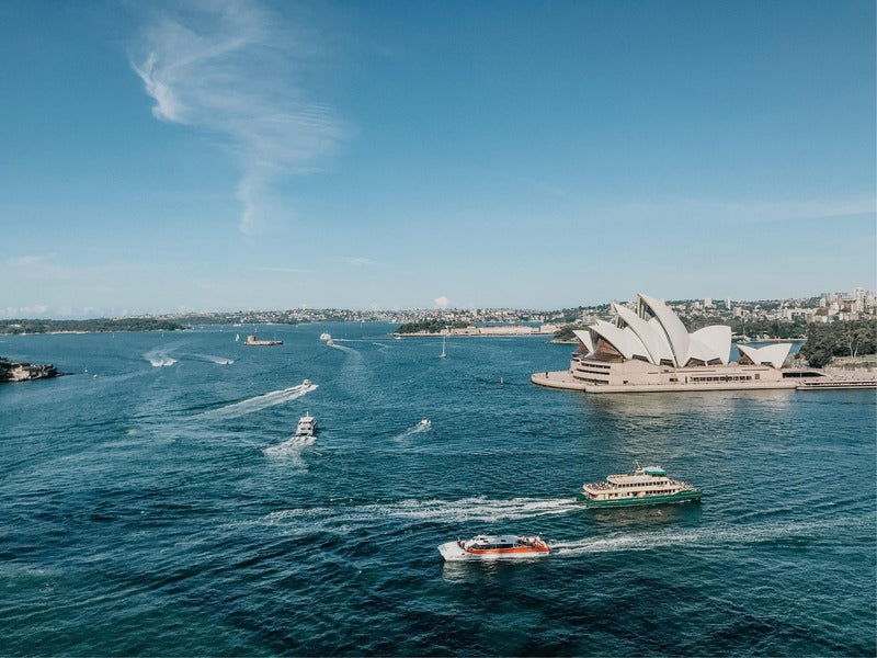 a scenic view of Sydney Harbour with the iconic Sydney Opera House, boats cruising through the blue waters, and a clear sky