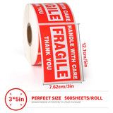 Fragile Warning Stickers Roll 3x5in Shipping Labels 500PCS