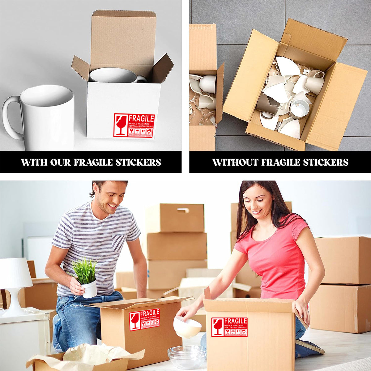 Fragile Warning Self-Adhesive Shipping Stickers Handle With Care Labels