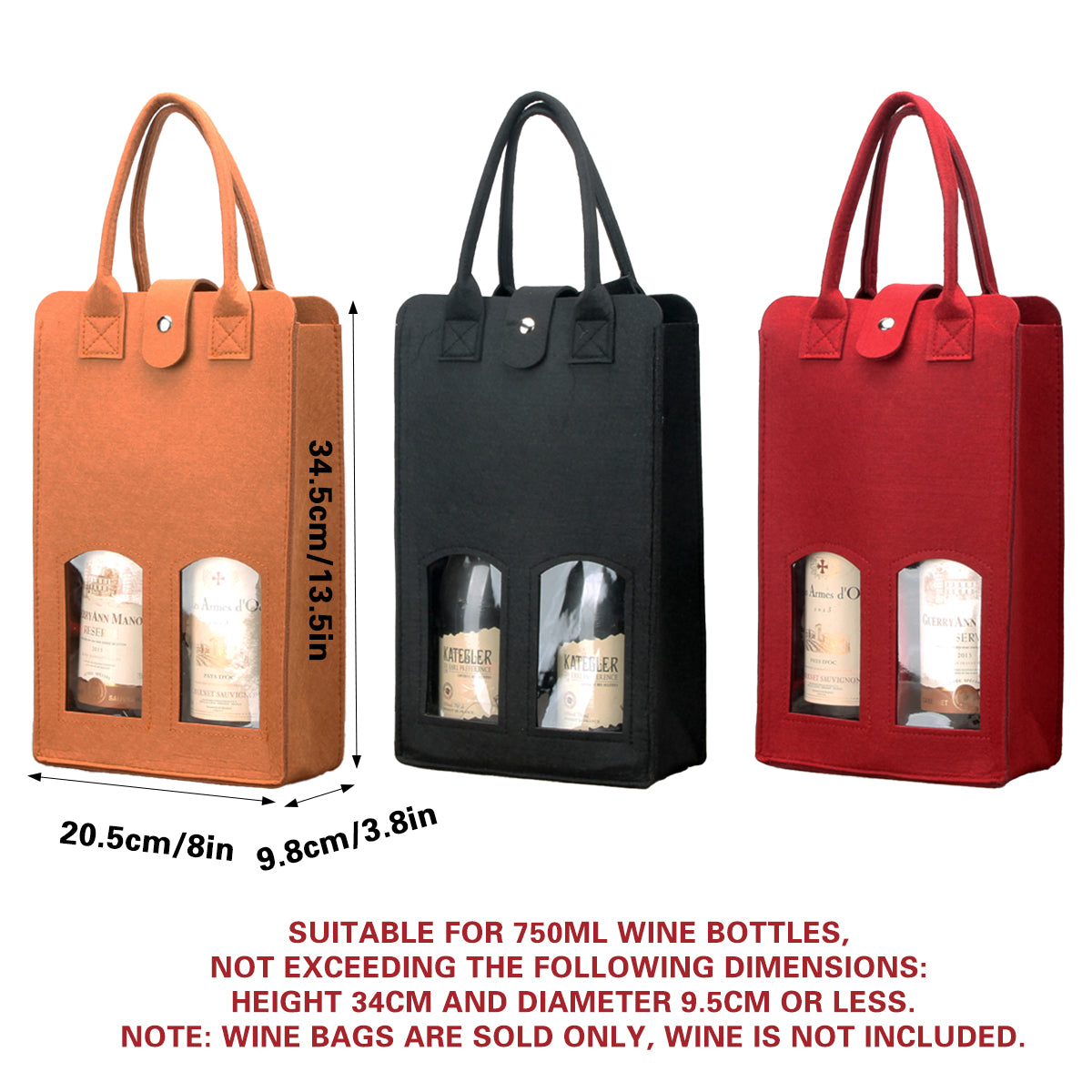 Double Bottle Felt Wine Gift Bag with Window and Handle for Wine Packaging