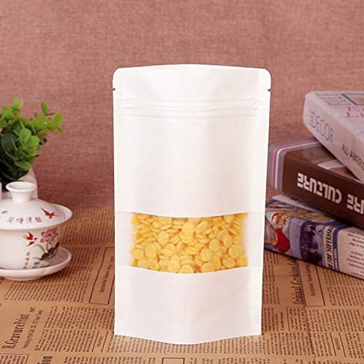 100PCS Kraft Paper Bags with Clear Window Zip Lock Stand-Up Packaging