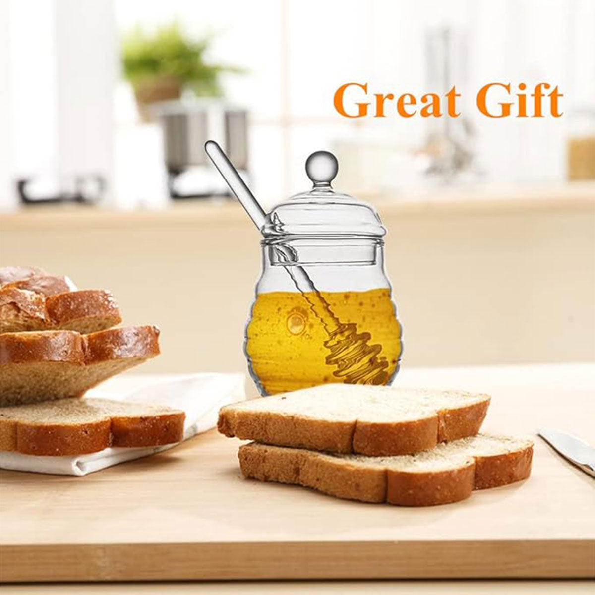 Household Glass Honey Jar with Lid 2PCS Stirring Rod Transparent Honey Bottle