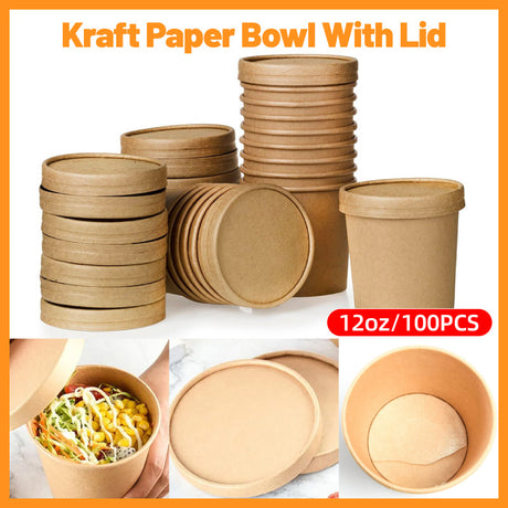 Disposable Kraft Paper Soup Bowls with Lids 100PCS