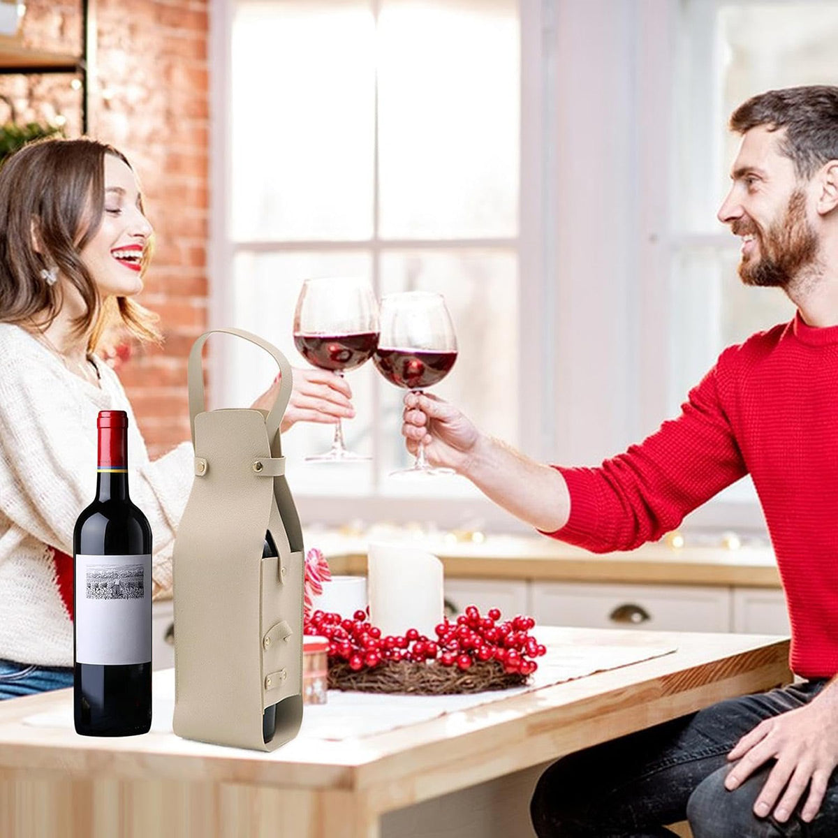 2PCS PU Leather Wine Tote Bag Portable Single Bottle Gift Carrier