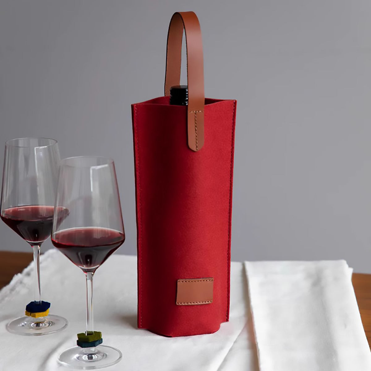 Felt Wine Tote Bag Single Bottle Carrier with Leather Handle