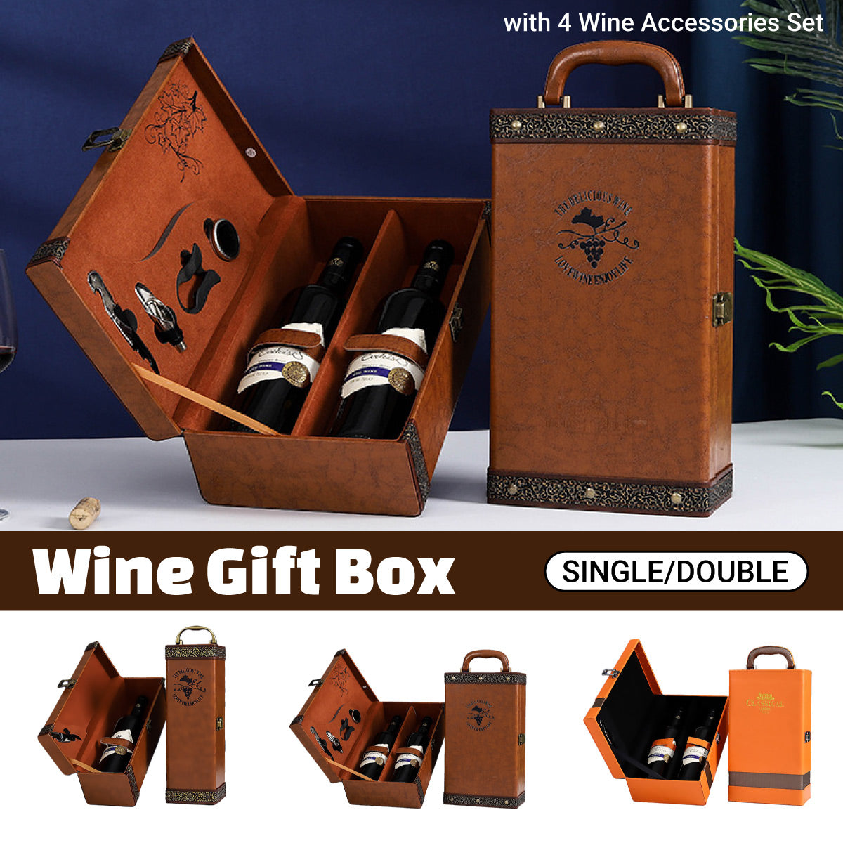 Portable Wine Gift Box Single or Double Bottle with 4 Accessories