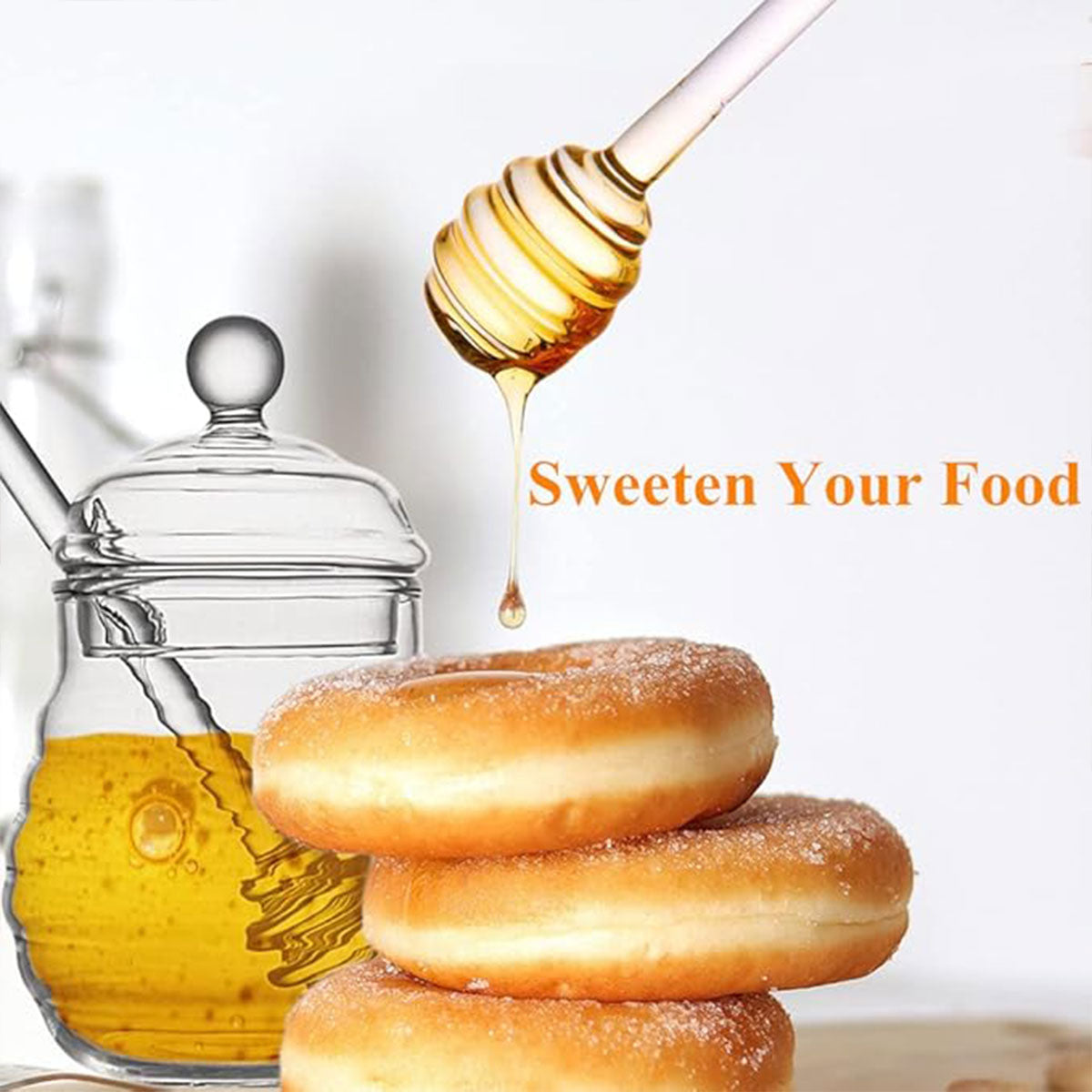 Household Glass Honey Jar with Lid 2PCS Stirring Rod Transparent Honey Bottle