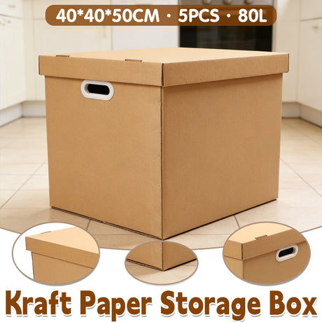 80L Kraft Paper Storage Boxes with Lid Stackable 5PCS