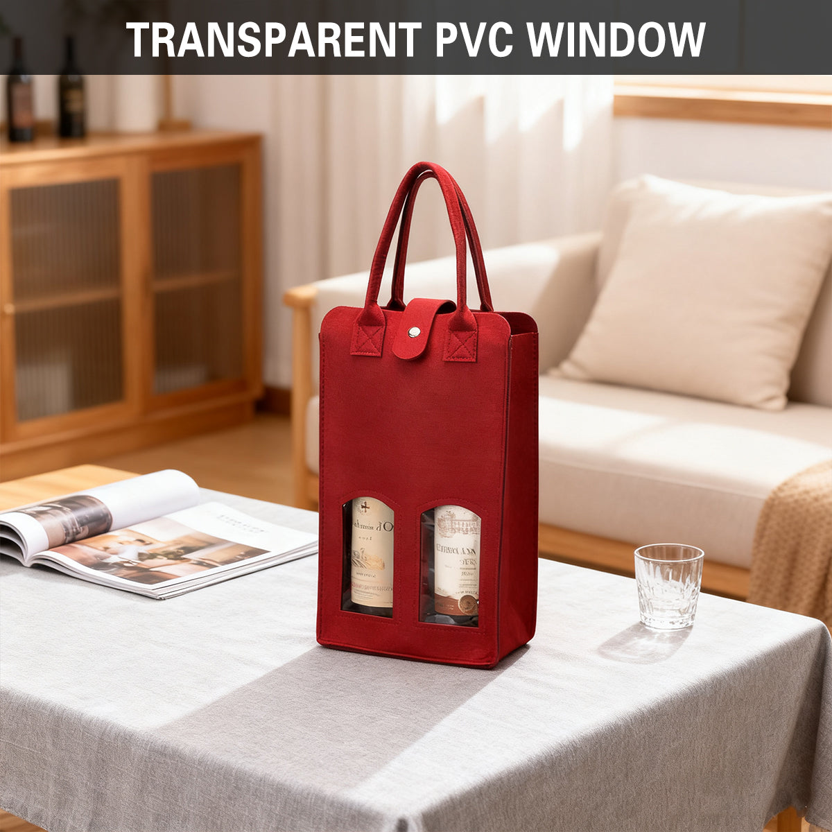 Double Bottle Felt Wine Gift Bag with Window and Handle for Wine Packaging