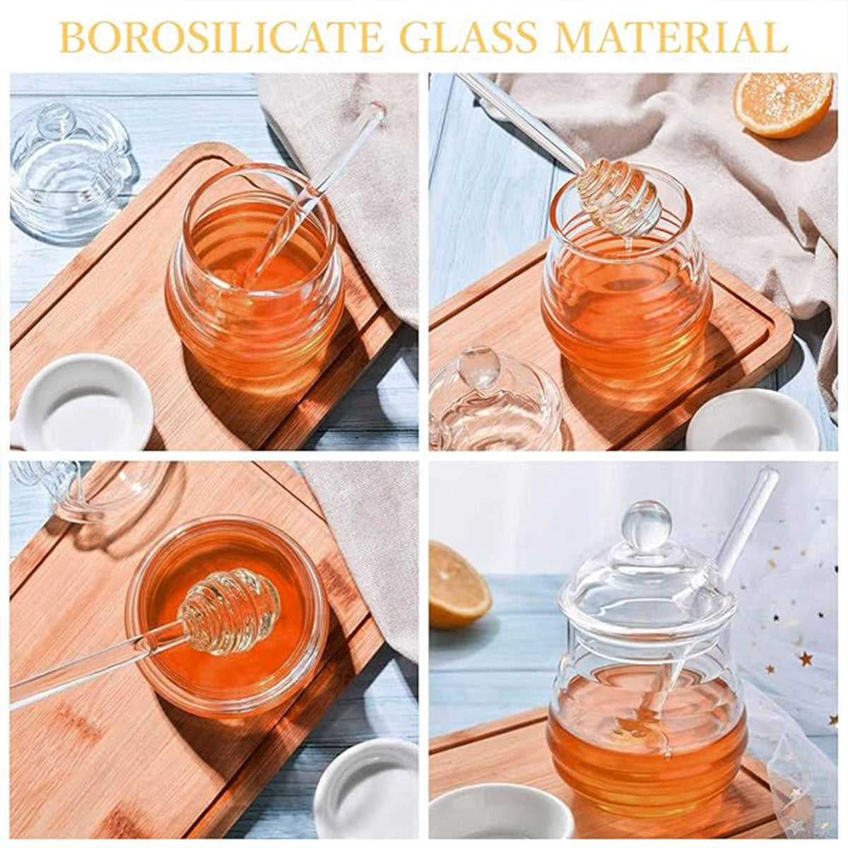 Household Glass Honey Jar with Lid 2PCS Stirring Rod Transparent Honey Bottle