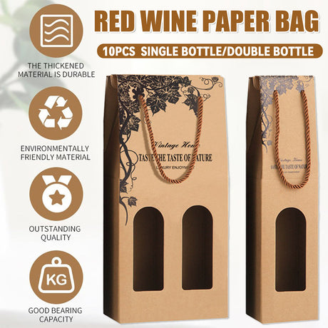 10PCS Wine Paper Bags Brown Kraft Single/Double Bottle Carrier