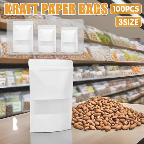 100PCS Kraft Paper Bags with Clear Window Zip Lock Stand-Up Packaging