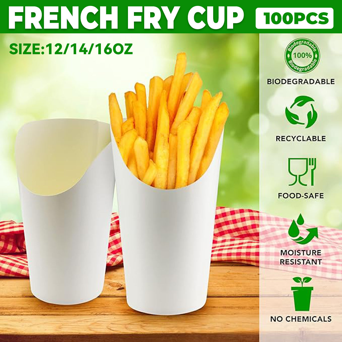 100PCS French Fry Cups 12/14/16oz Food-Grade Oil-Resistant Paper