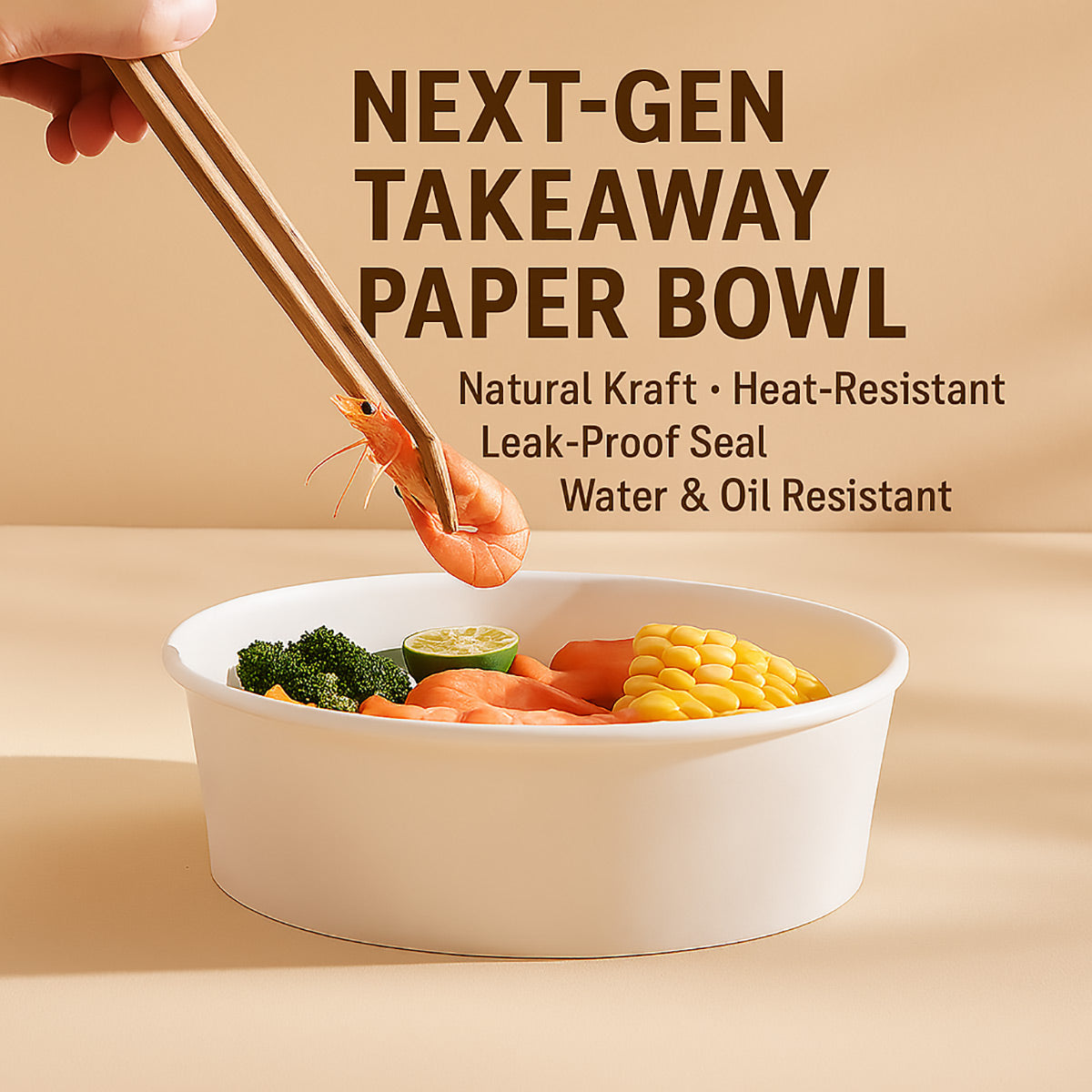 50PCS 750ml Disposable Paper Bowls with Lids Food-Grade for Takeaway Packaging