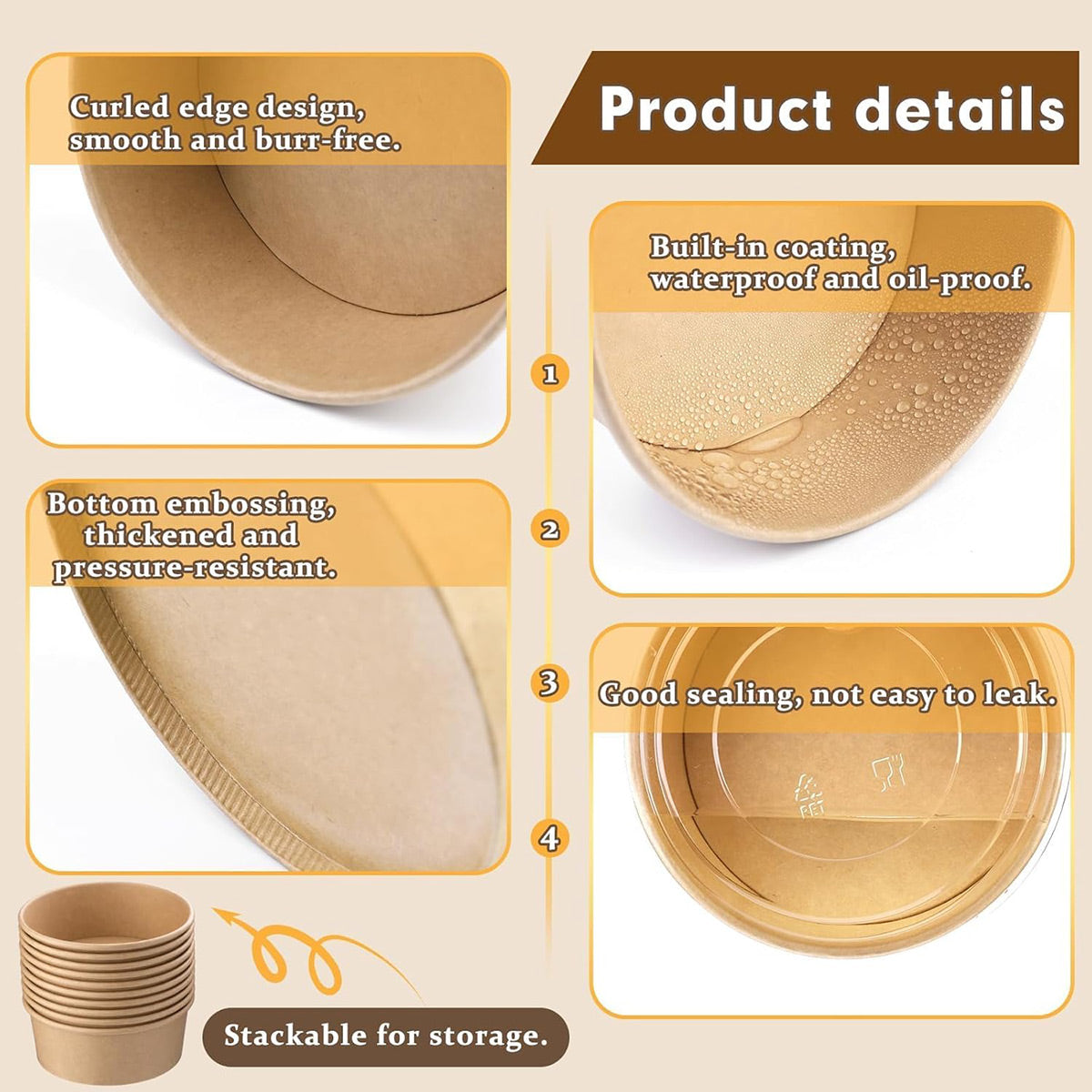 50PCS 750ml Disposable Paper Bowls with Lids Food-Grade for Takeaway Packaging