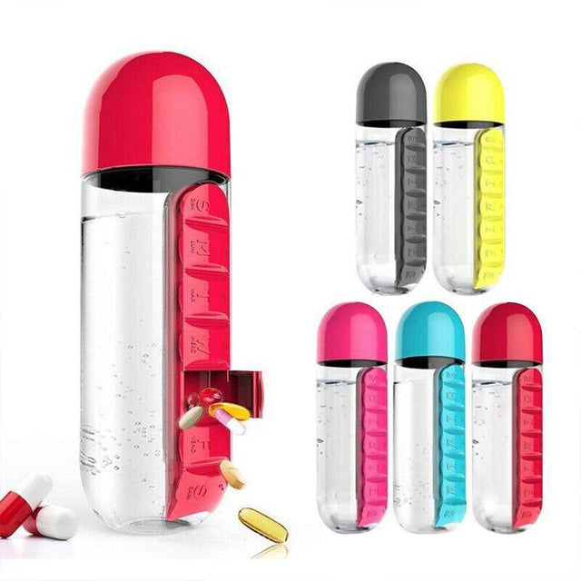 2 IN 1 Water Bottle With 7 Day Pill Box Organizer 1PC 5Colours 600ml - Discount Packaging Warehouse